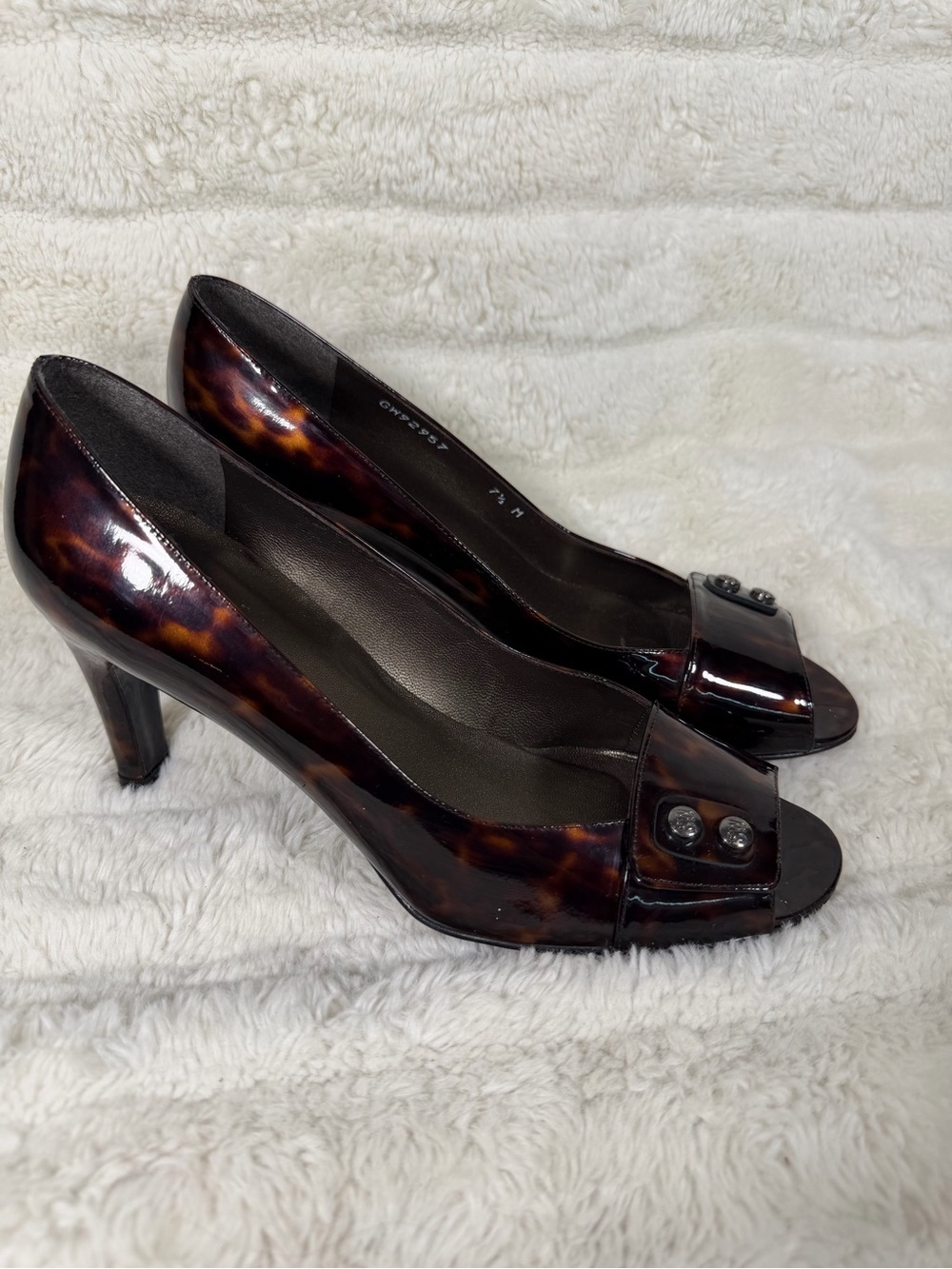 STUART WEITZMAN Women’s 7.5 Tortoise Shell Design Open Peep Toe Heels Pumps Shoe